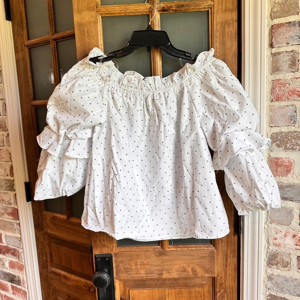 DO+BE Blouse Women Small White Polka Dot Off Shoulder Tiered Ruffle Puff Sleeve